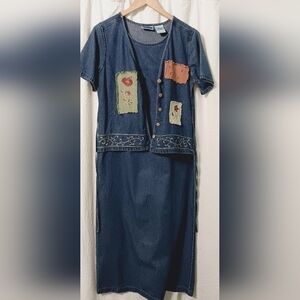 Vintage 100% Cotton ERIKA&CO. Maxi denim dress with floral patch Size S